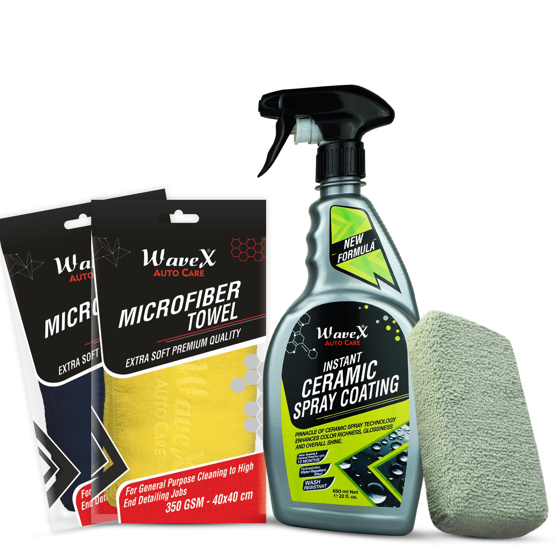 Wavex Instant Ceramic Coating for Car - 650ml with Microfiber Cloths & Applicator Pad– Easy to Apply – Just Spray and Wipe – Super Hydrophobic, Extreme Gloss, Smoothness and Protects Paint