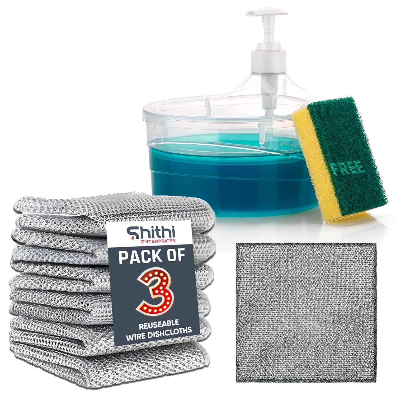 SHITHI ENTERPRISES Double Layer 2-in-1 Liquid Soap Dispenser for Kitchen & Pack of 3 Multipurpose Non-Scratch Wire Dishwashing Rags for Wet and Dry Dishwash Cloths (3) (B0DJ1QL1MG) Amazon Price History, Amazon Price Tracker