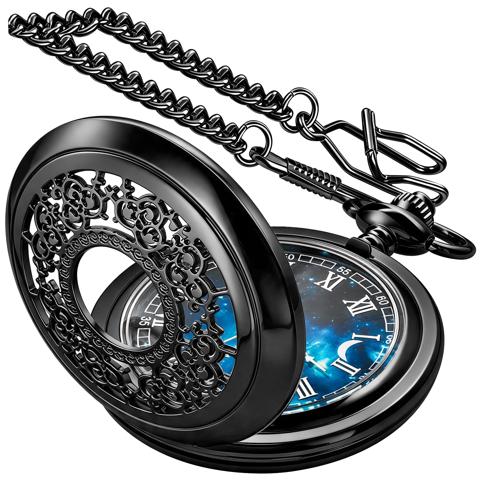 Pocket Watch Hollow Blue Star Design Roman Numerals Quartz with Chain Christmas Birthday Gifts, black blue, retro-image-43