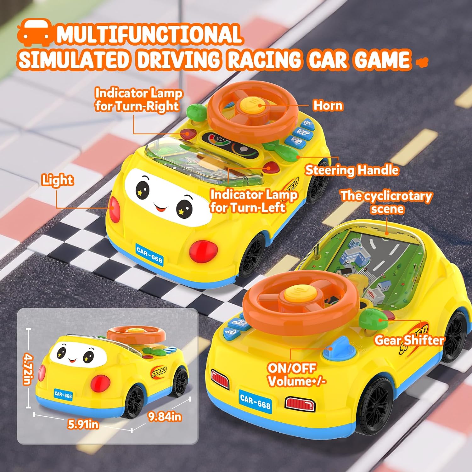 Toys for 1 Year Old Boy Gifts - 2-in-1 Toddler Push Car & Musical Racing Adventure Steering Wheel Driving Game, Interactive Simulated Driving Car for Baby 12-18 Months, Birthday Gift Ages 1-2, Yellow
