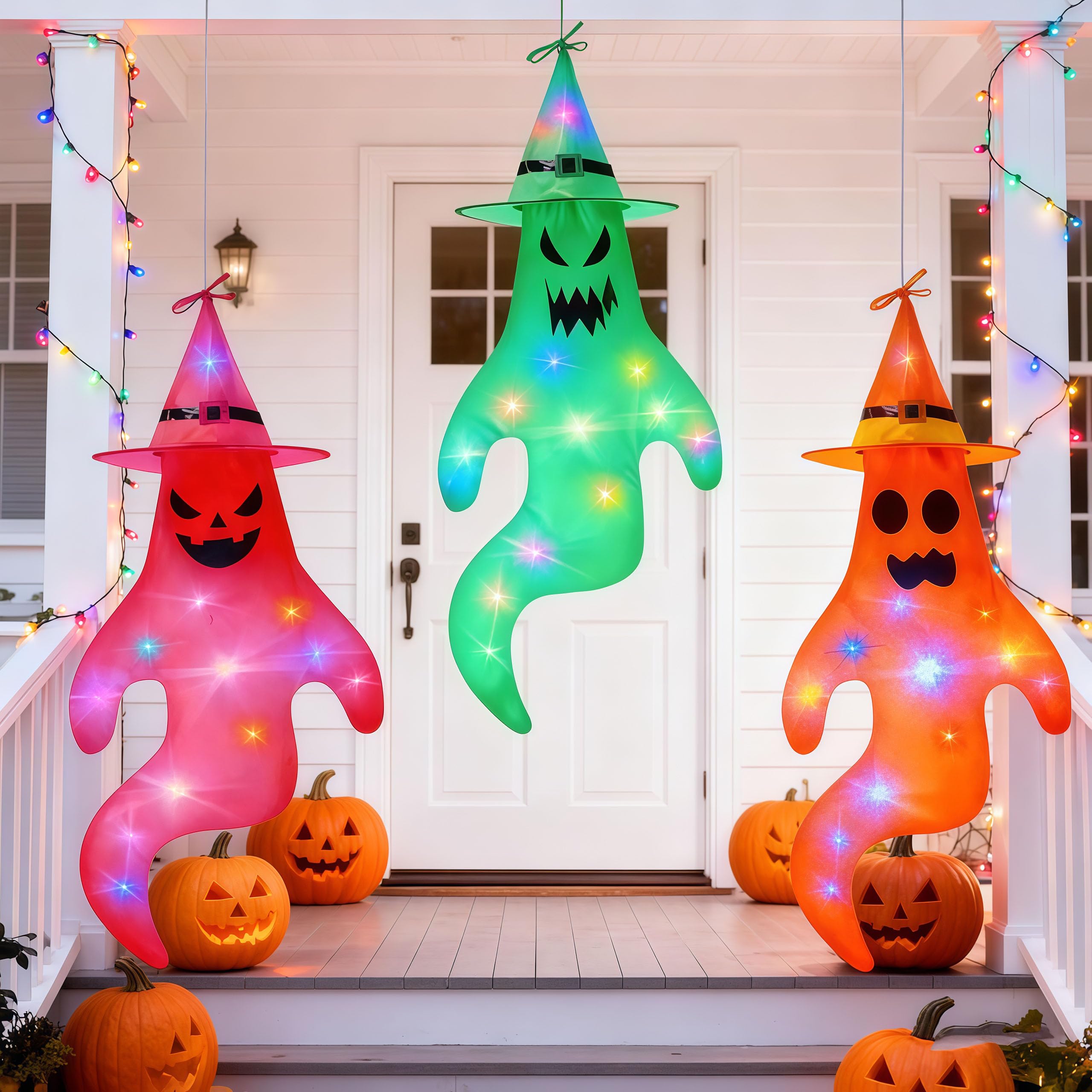 3 Stück Halloween Deko Geist mit Bunt LED Lichtern, 145x65cm Halloween Deko Outdoor Hängende Geister, Hängende Geisterflagge mit Hexenhut, für Garten Hof Terrasse Party Horror Hängen Dekoration