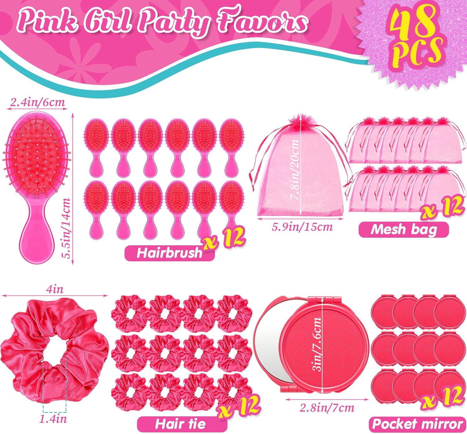 SiliFine 12 Set Pink Party Favors Makeup Party Favor Pink Hair Brush Elastic Scrunchies Compact Cosmetic Mirror Organza Bags Hair Accessories for Women
