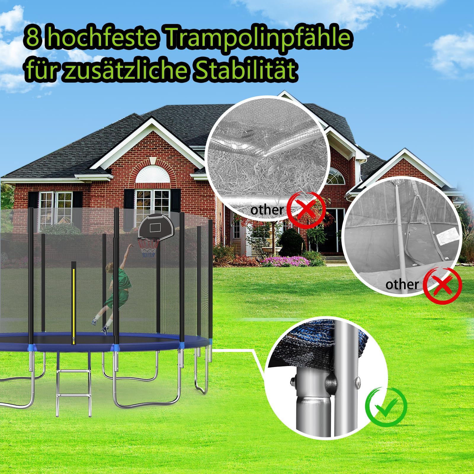 Trampolino da esterno per bambini 305 366 cm, impermeabile, design rinforzato, scala di sicurezza, capacità di carico 200-280 kg, include canestro da basket per attività ricreative in giardino