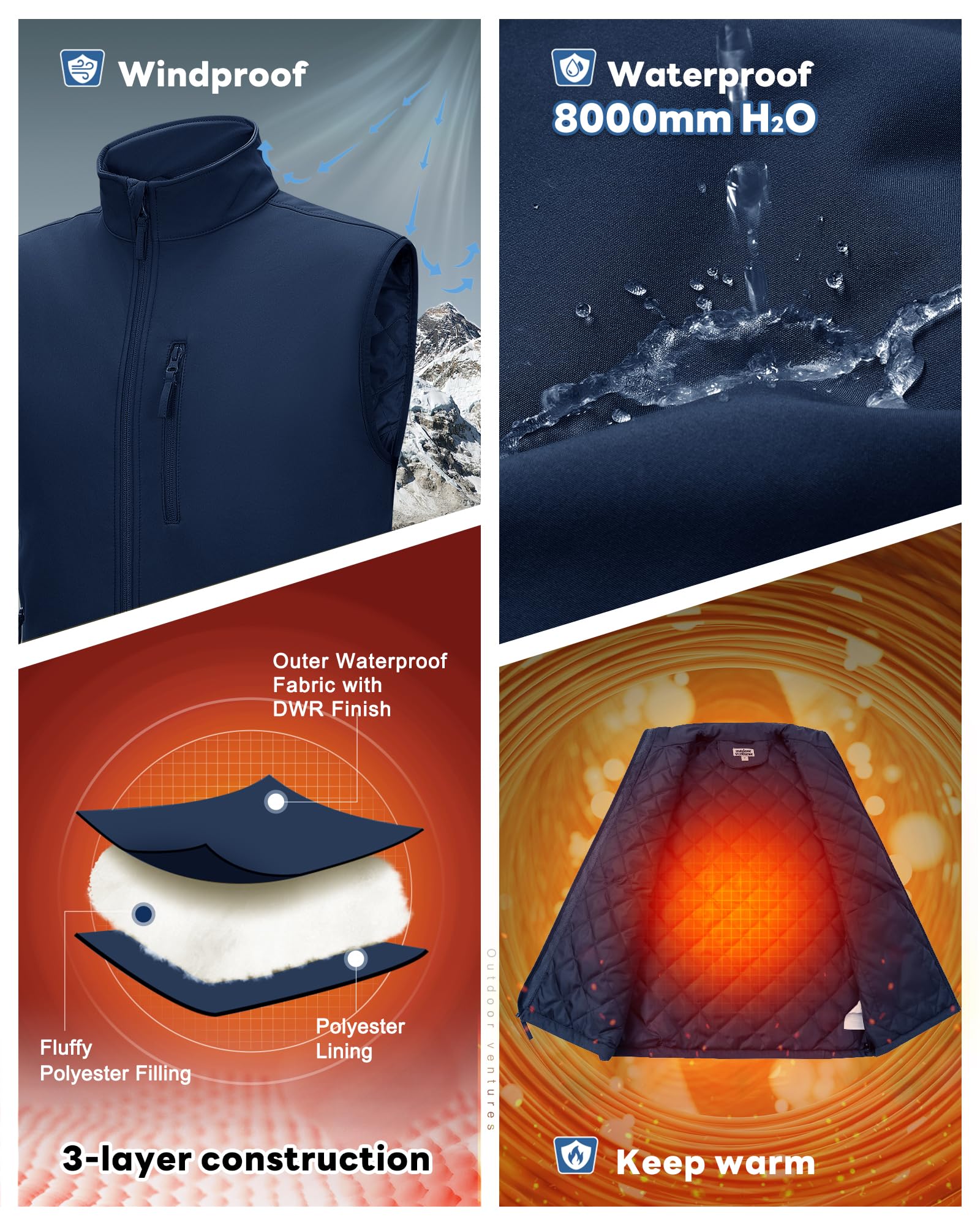 Outdoor Ventures Męska kamizelka softshell z podszewką buforową, wodoodporna, wiatroszczelna, oddychająca, bez rękawów, do jazdy na rowerze, biegania, wędrówek