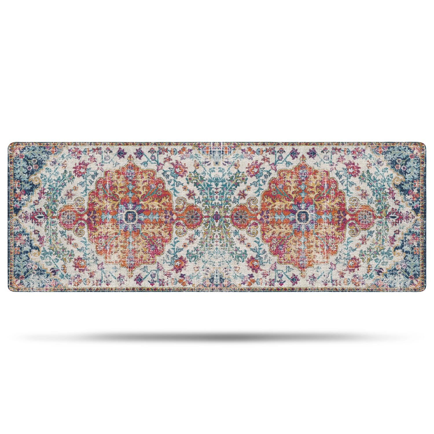 Boho Bathroom Rug, Vintage Distressed Kitchen Mat, Non-Slip Oriental Entryway Door Mat Low-Pile Floor Carpet for Bedroom Laundry Bedside, Washable Bath Rug 17" x 47"
