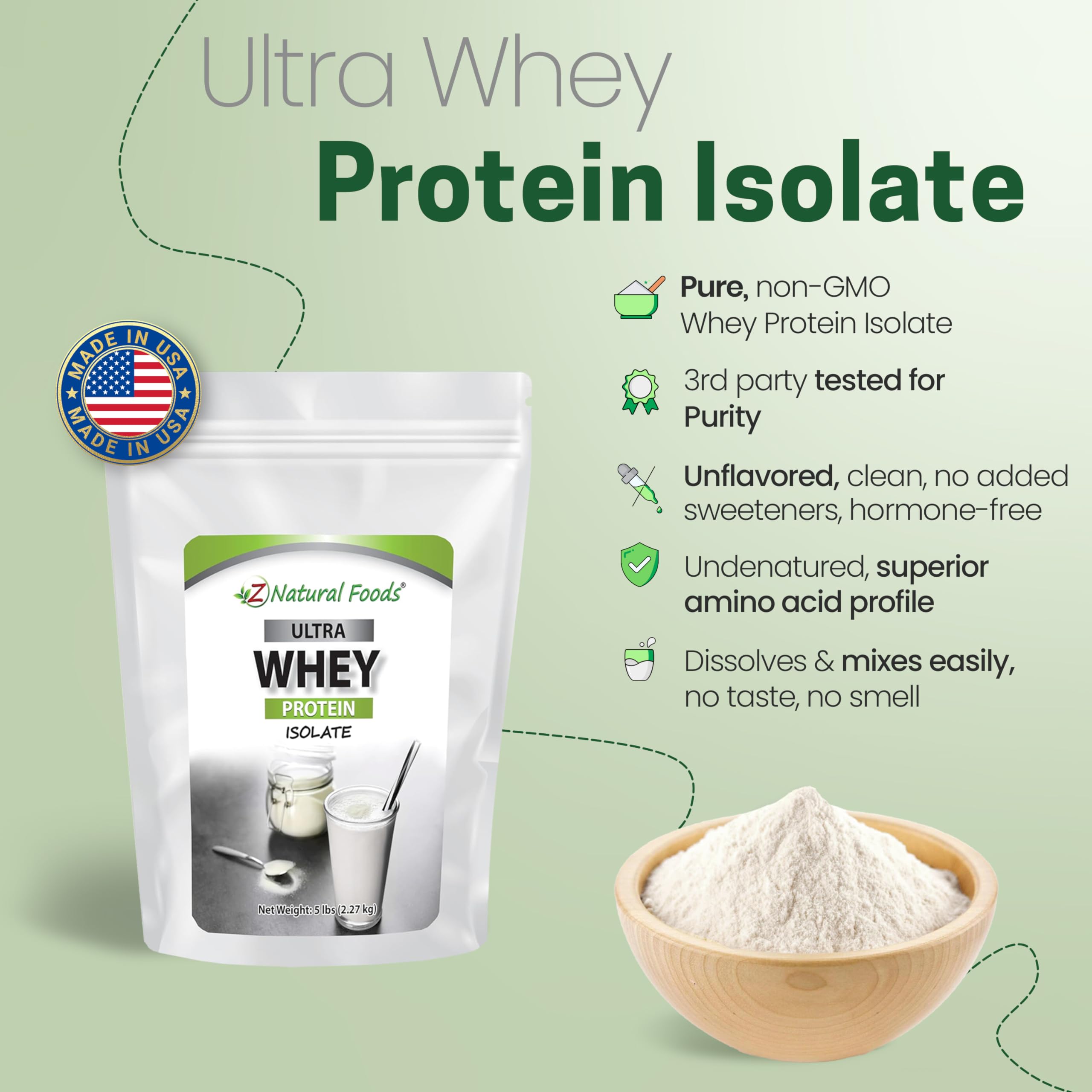 Z Natural Foods Ultra Whey Protein Isolate Powder - Pure, Unflavored, Unsweetened Whey Protein Powder - Flavorless Whey Isolate with Vital Proteins for Fitness, Sports Nutrition, Immune Support, 5 lb