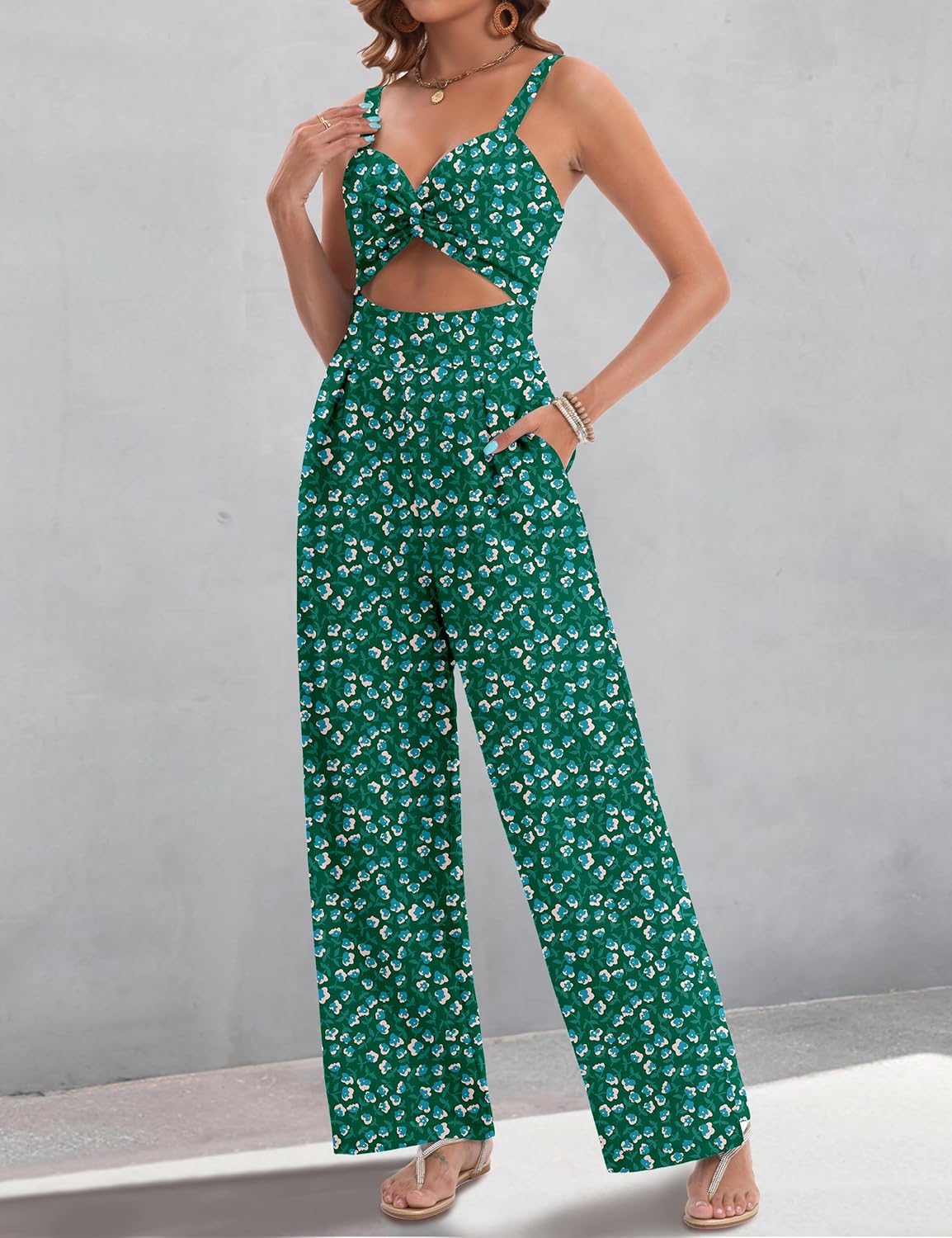 AGERWAY Womens Summer Jumpsuits Dressy Sexy V Neck Twist One Piece Outfits Sleeveless Casual Wide Leg Long Pant Rompers - Image 7