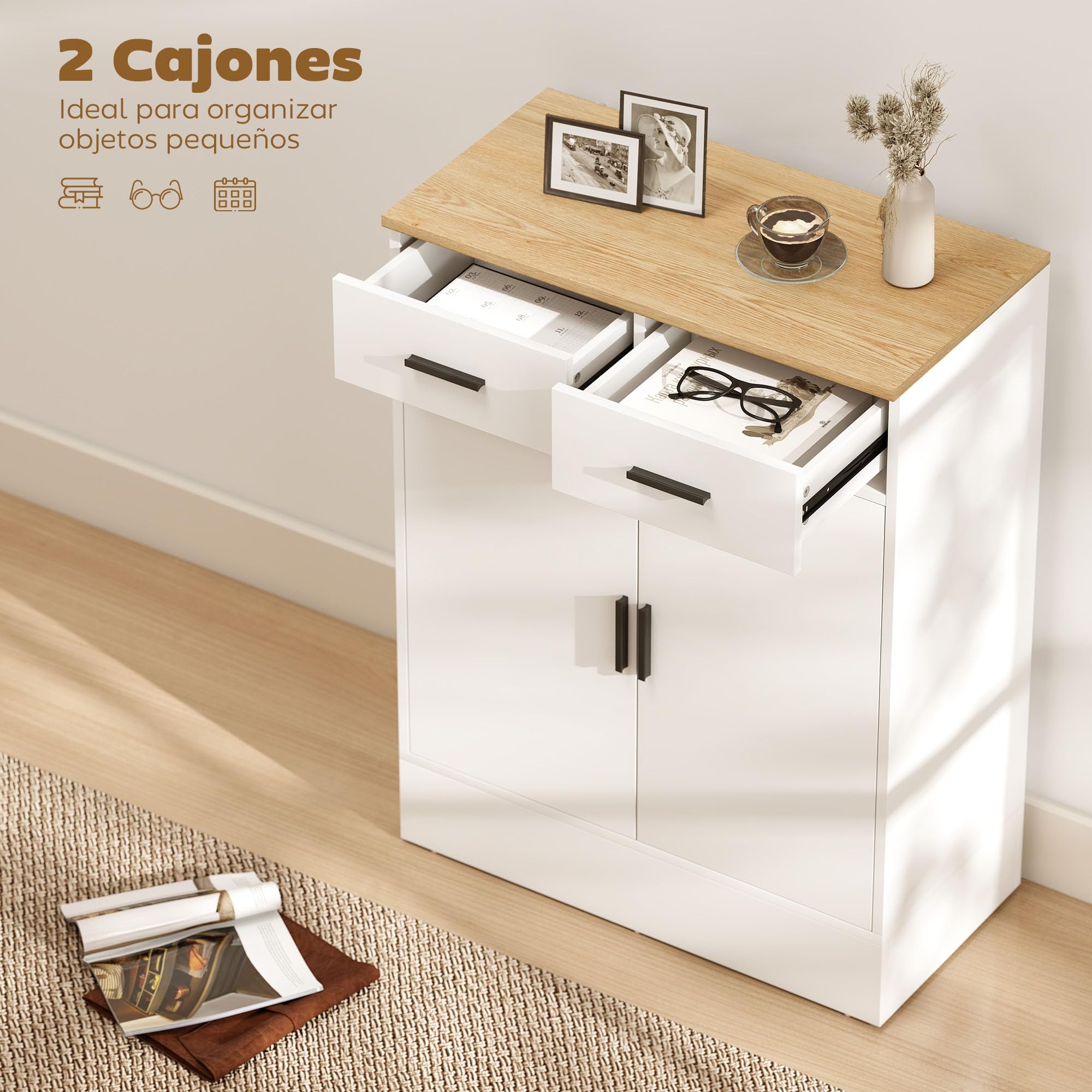 HOMCOM Aparador de 2 Puertas, Aparador de Salón con 2 Cajones y Estantes Ajustables, para Cocina, Entrada, Dormitorio, Blanco y Natural, 68,6x35x90,3 cm