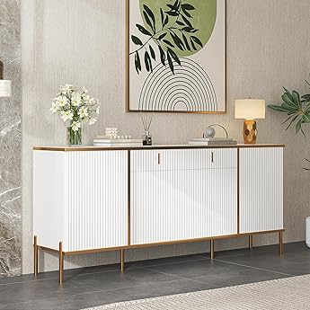 DWVO Modern Kitchen Storage Cabinet with Power Outlet and LED Light, 55" Sideboard Buffet Cabinet with Storage for Living Room, Kitchen, Hallway, White/Gold