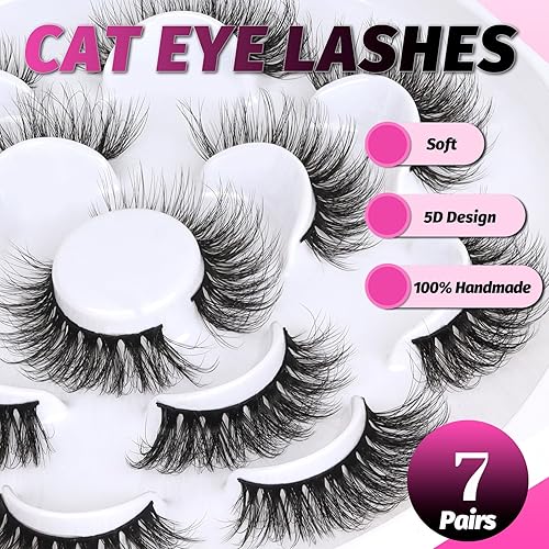 Miniatura 5 de Veleasha Pestañas postizas de visón sintético 5D, hechas a mano, de lujo, esponjosas, naturales, 7 pares (ojo de gato)