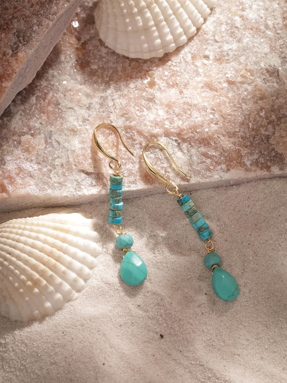 MINACHI Boho Sunburst Charm and Green Stone Drop Earrings, Handmade Gold Tone Hippie Danglers For Women - Image 6