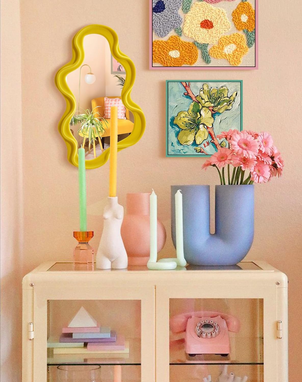 Wavy Wall Mirror Decor for Girly Bedroom Classroom, 16x10 Small Cute Abstract Decorative Mirrors Art Above Dresser Desk Table Decor, Funky Modern Apartment Nursery Room Decoration (Yellow)