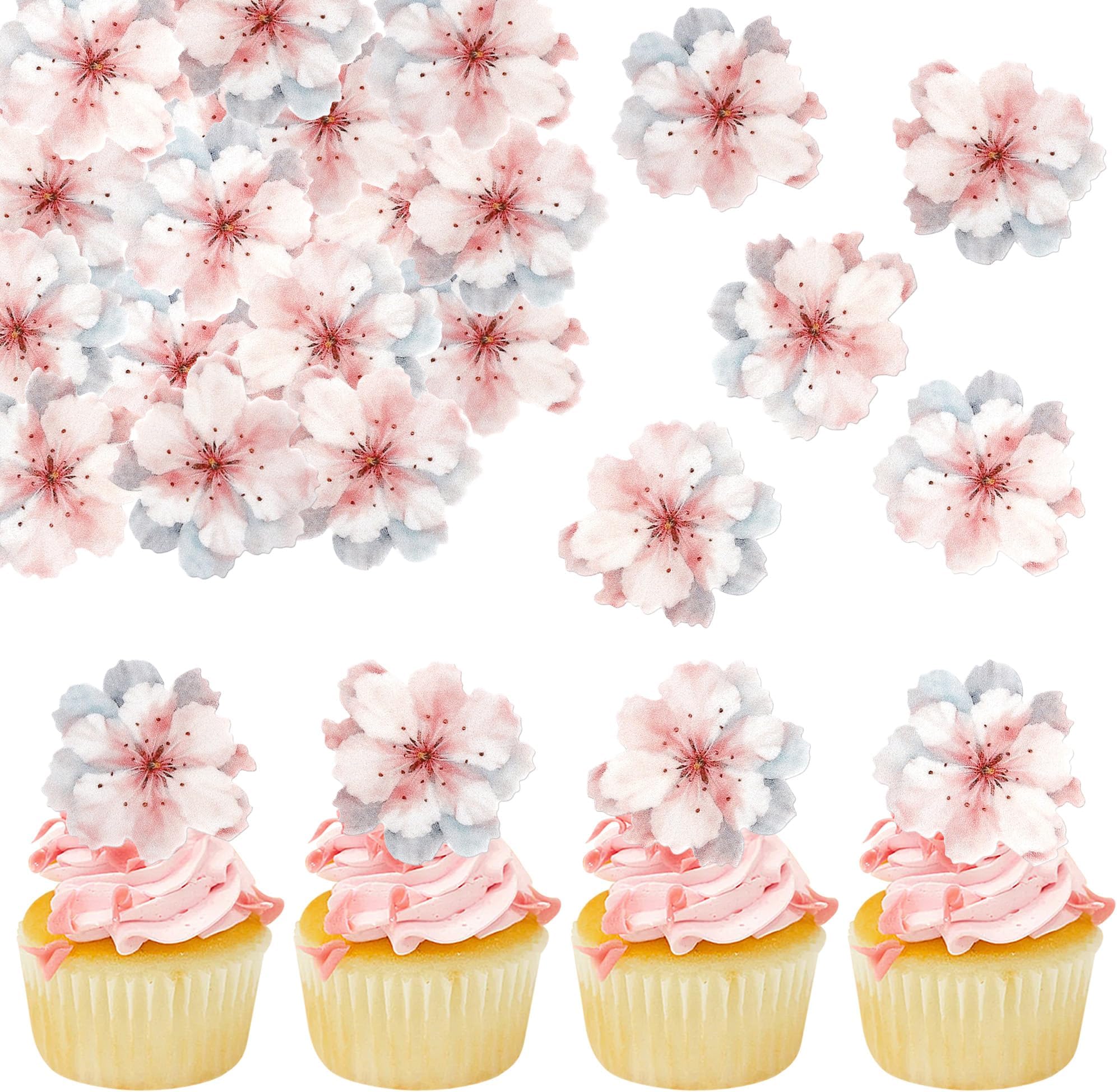 40 PCS Edible Cherry Blossoms Cake Decorations Edible Cherry Blossoms Cupcake Toppers Wafer Paper Flowers Cake Toppers for Baby Shower Kids Birthday Party Cake Food Decorations Supplies Pink
