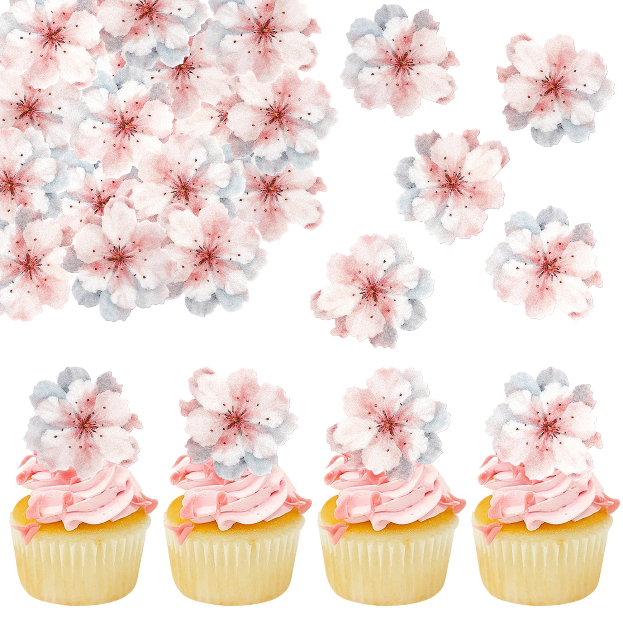 40 PCS Edible Cherry Blossoms Cake Decorations Edible Cherry Blossoms Cupcake Toppers Wafer Paper Flowers Cake Toppers for Baby Shower Kids Birthday Party Cake Food Decorations Supplies Pink