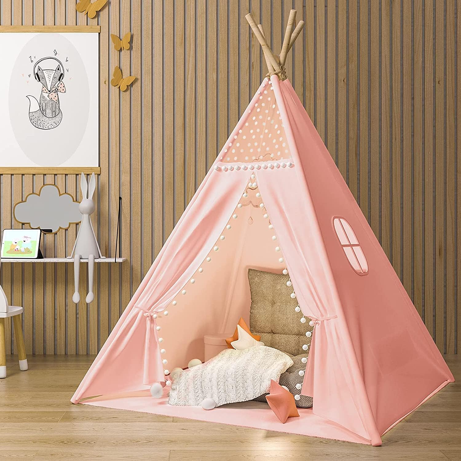 GAMENOTETeepee Tent for Kids, Cotton Toddler Pink Tents with Mat, Inner Pocket,Washable & Foldable Kids Play Teepee, Gifts Indoor Outdoor Play Tent for Girls Boys