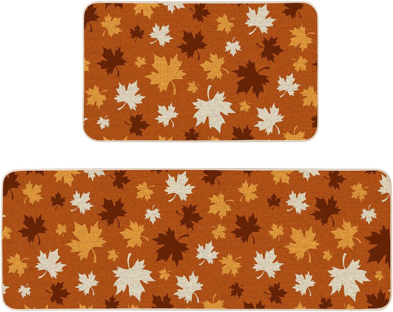 Moutina Orange Maple Leaf Fall Kitchen Rugs Set of 2 | Autumn Thanksgiving Home Decor Low-Profile Kitchen Mats for Floor - 17x29 and 17x47 Inch