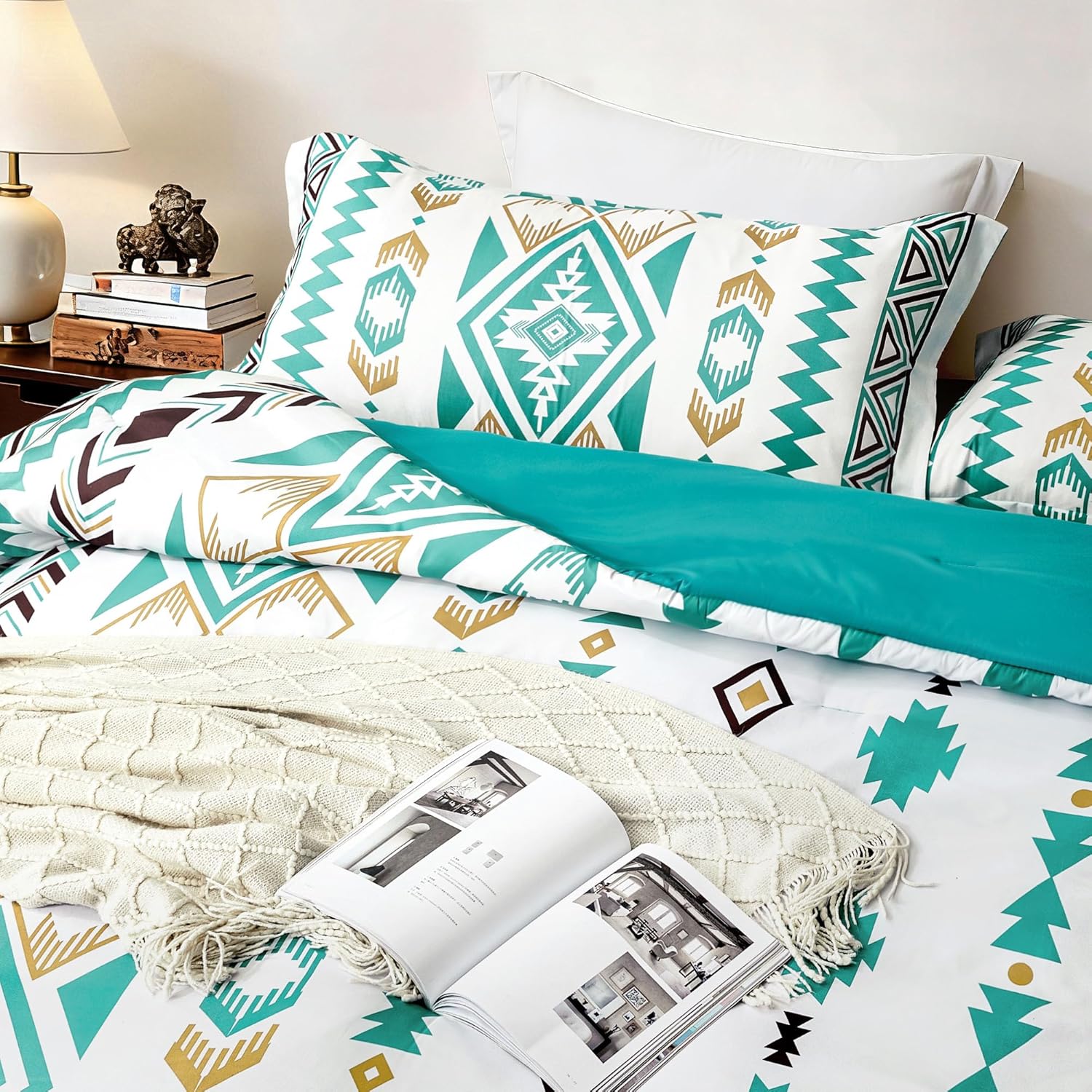 Tyrot King Comforter Set – 3 Piece Turquoise Boho Aztec Bedding, Western Southwestern Style Comforter Sets, Soft Lightweight Comforter for All Seasons, 1 Comforter & 2 Pillow Shams