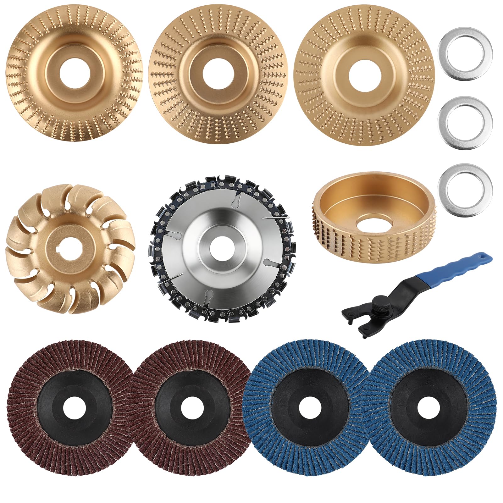 14 tarcz do rzeźbienia w drewnie, do szlifierek kątowych, 10,2 cm lub 11,4 cm, tarcza szlifierska z pierścieniem adapterowym 1,6 cm i kluczem, akcesoria do szlifierek do obróbki drewna, do cięcia