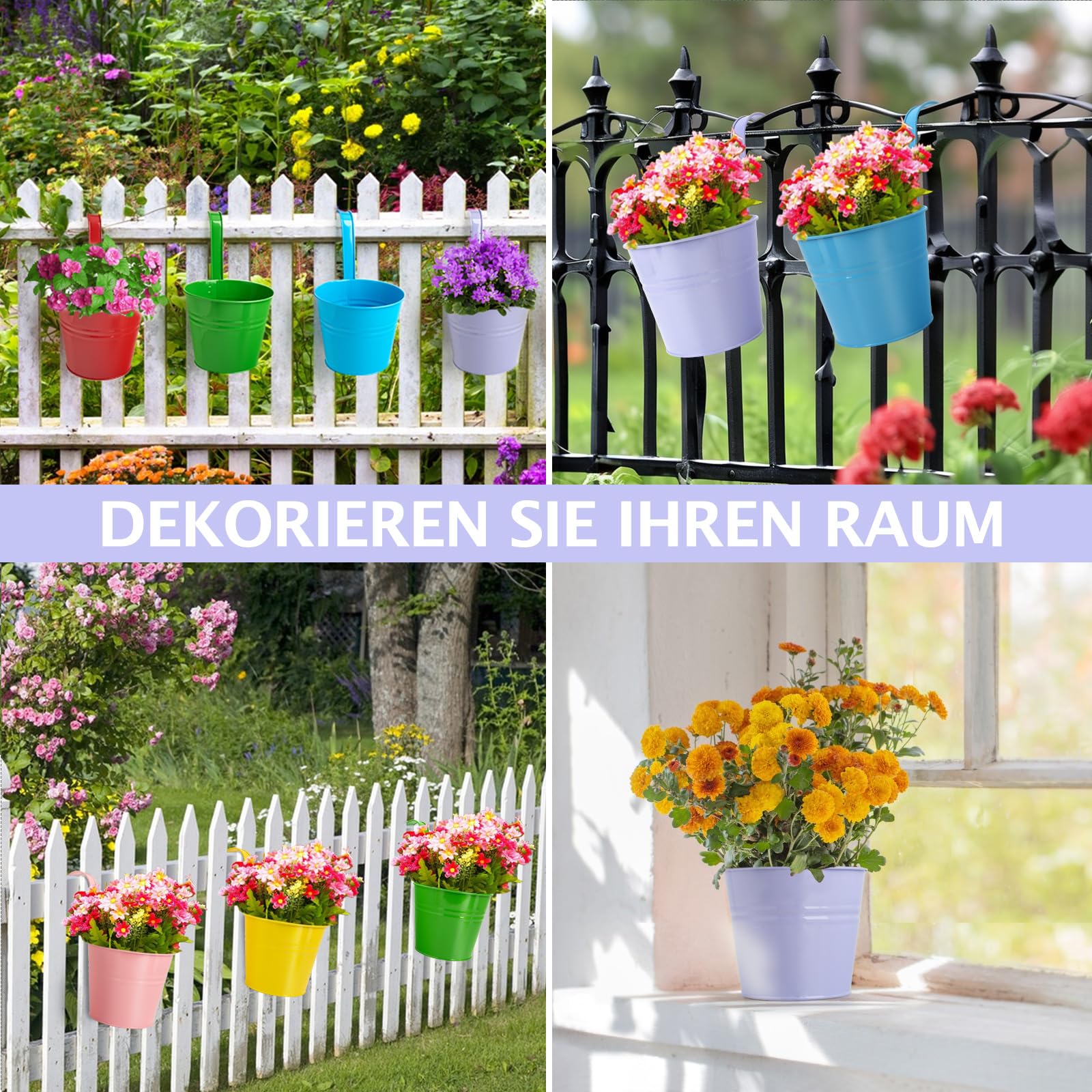 XXXFLOWER Metall Hängende Blumentöpfe Set - Robuste Hängeblumentöpfe aus Metall mit Abnehmbarem Haken & Ablaufloch, Hängetöpfe für Balkon, Garten, Zaun, Wand4/8 Stück