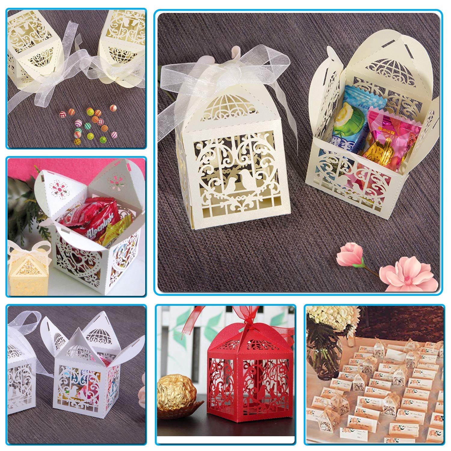 WedDecor 50 Scatole Bomboniera In Cartone Taglio Laser, 5x5x8 Cm, Beige Con Nastro, Per Matrimoni, Compleanni, Baby Shower E Feste