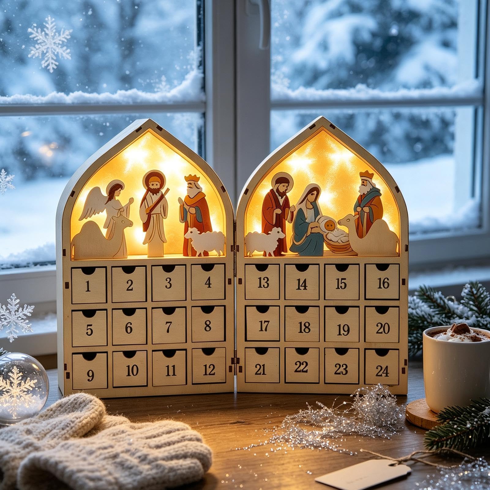 Calendrier de l'Avent en Bois Boîte à Ornements de Crèche de Noël avec 24