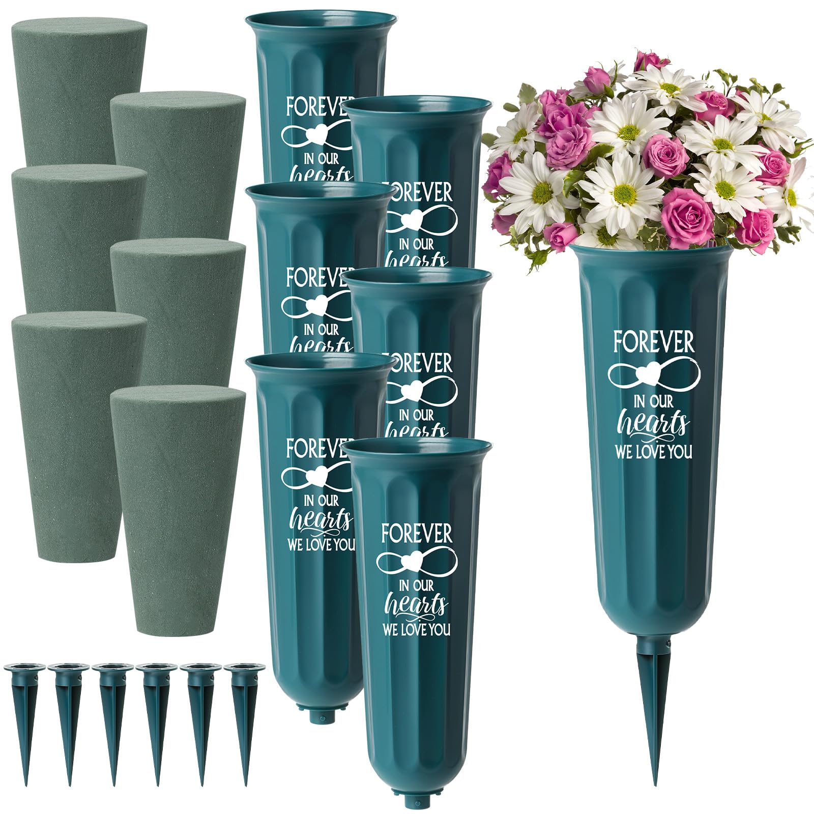 Décorations de tombe vase de cimetière en plastique vert lot de 6 cônes cœur