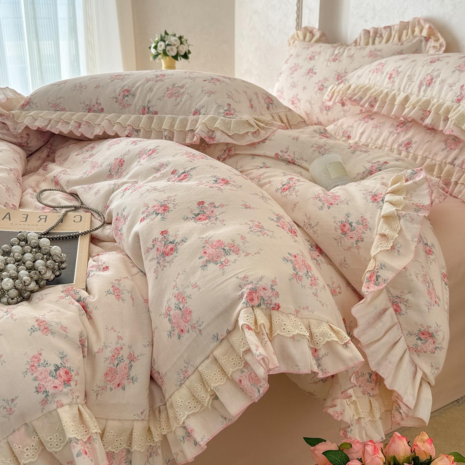 VM VOUGEMARKET Lace Ruffled Duvet Cover Set Twin,Vintage Pink Rose Flower Bedding Set,Double-Layer Gauze Cotton Soft,Breathable &amp; Lightweight for Girls-68 x86