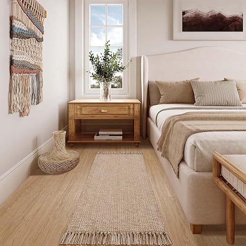 Miniatura 6 de Alfombra de pasillo de 2 x 5 pies, color bronceadocrema tejida a mano, alfombra de pasillo de baño con borla, alfombra trenzada de granja, alfombra