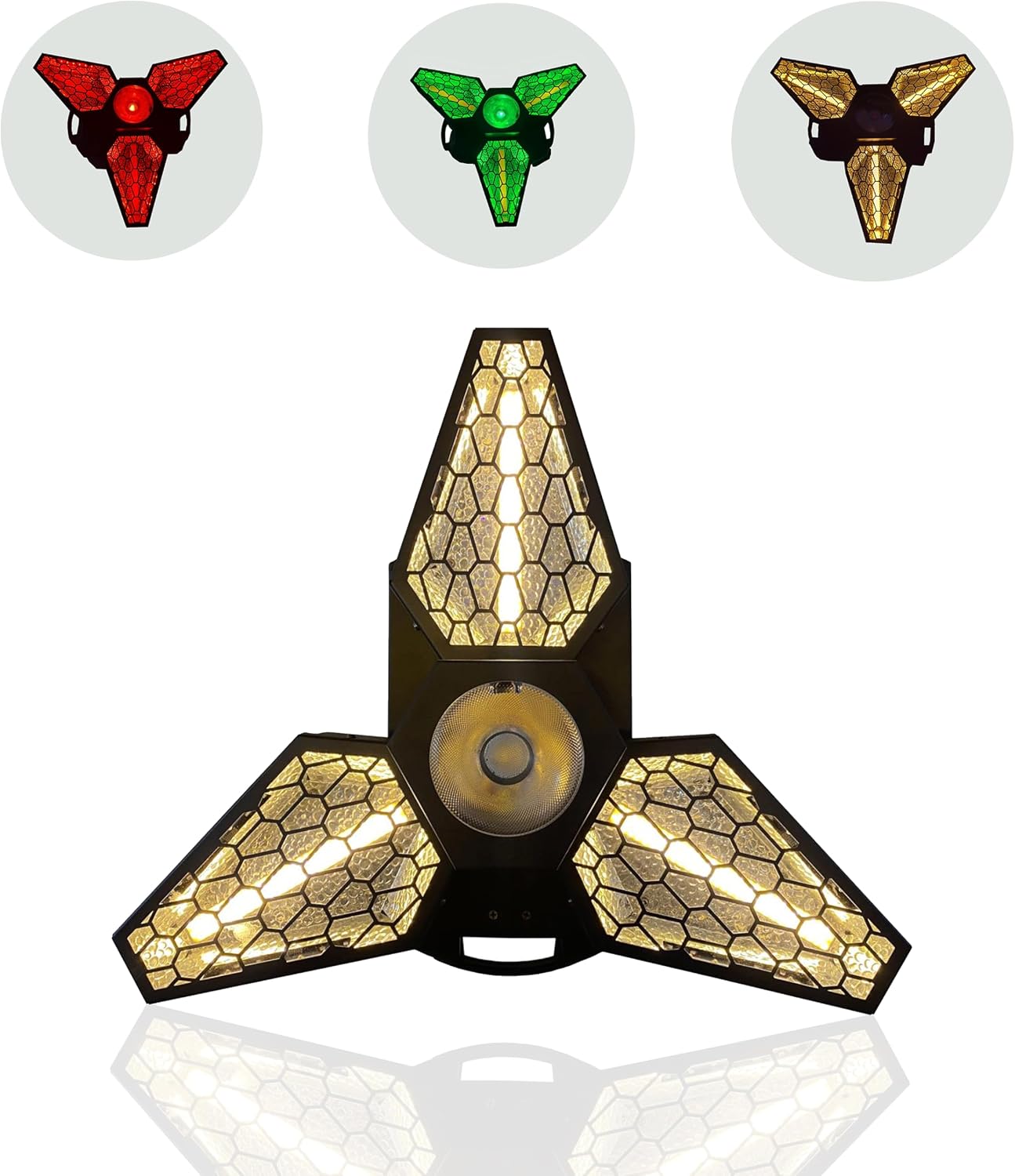 Different color outputs of the stage light, including red, green, and warm white