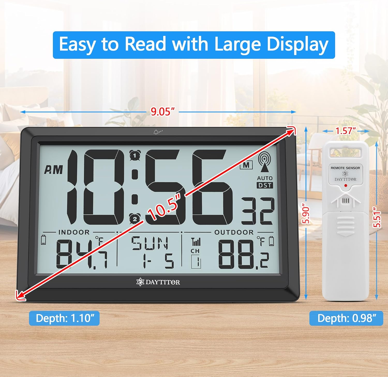 Atomic Clock Wall with Indoor/Outdoor Temp, Battery Operated Digital Wall Clock with 10.5" Large LCD Display, 330ft Range Desk Table Clock with Alarm, DST, Calendar for Living Room Bedrooms, Black