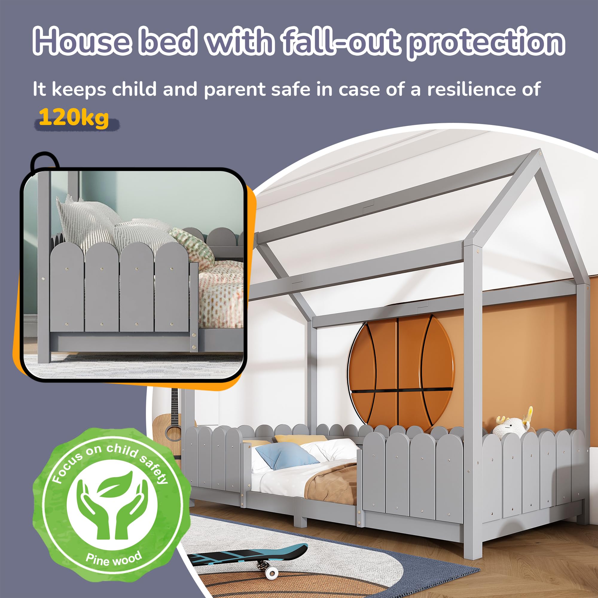 LINKHOO lit cabane bébé, en Bois Polyvalent, pour garçons et Filles, avec Protection Contre Les Chutes et sommier à Lattes(sans Matelas), 90x200 cm, Gris