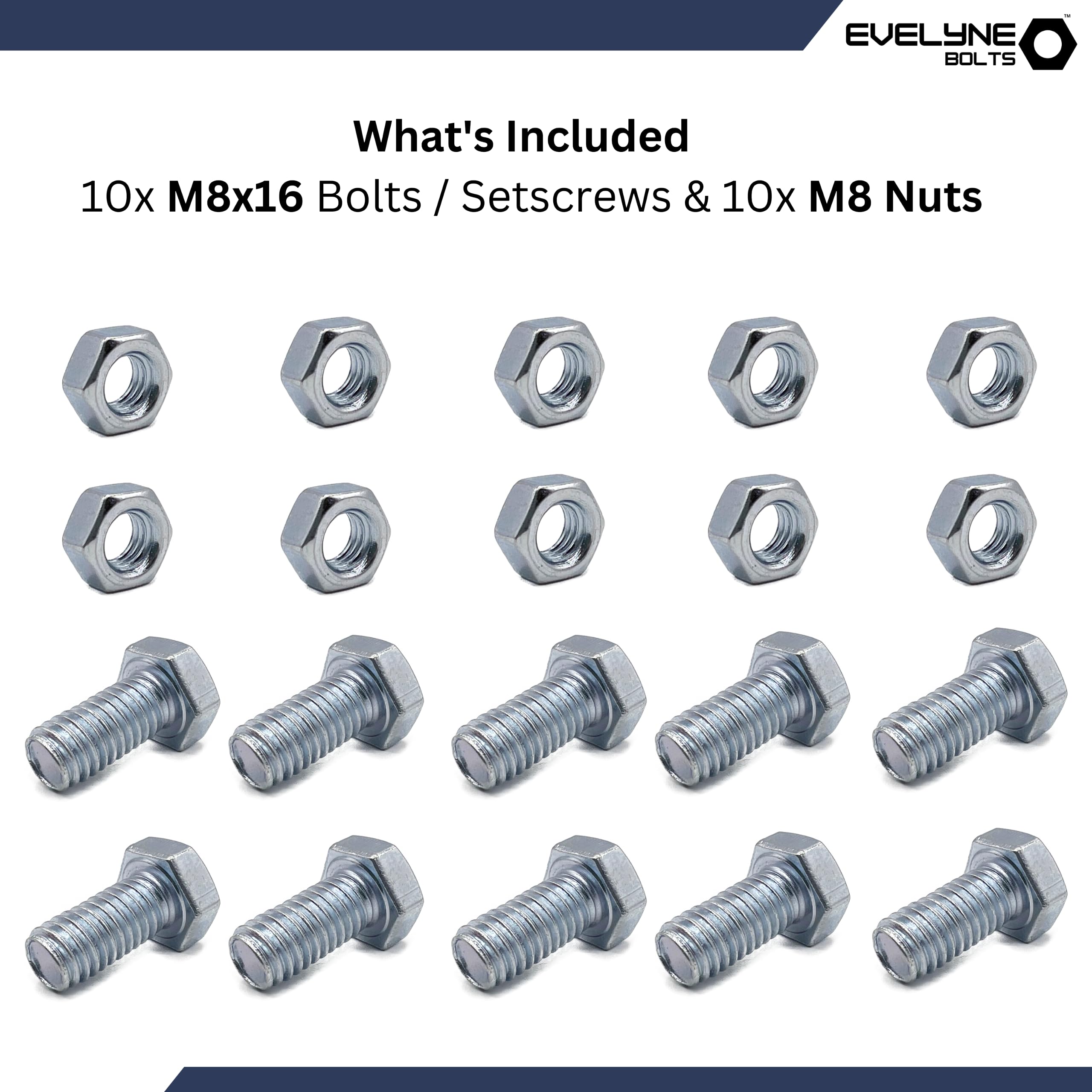 M8 Nuts & Bolt 10 Pack (M8 x 16mm Bolts & M8 Nuts) Hex Bolt/Setscrew Fully Threaded, silver - Image 2