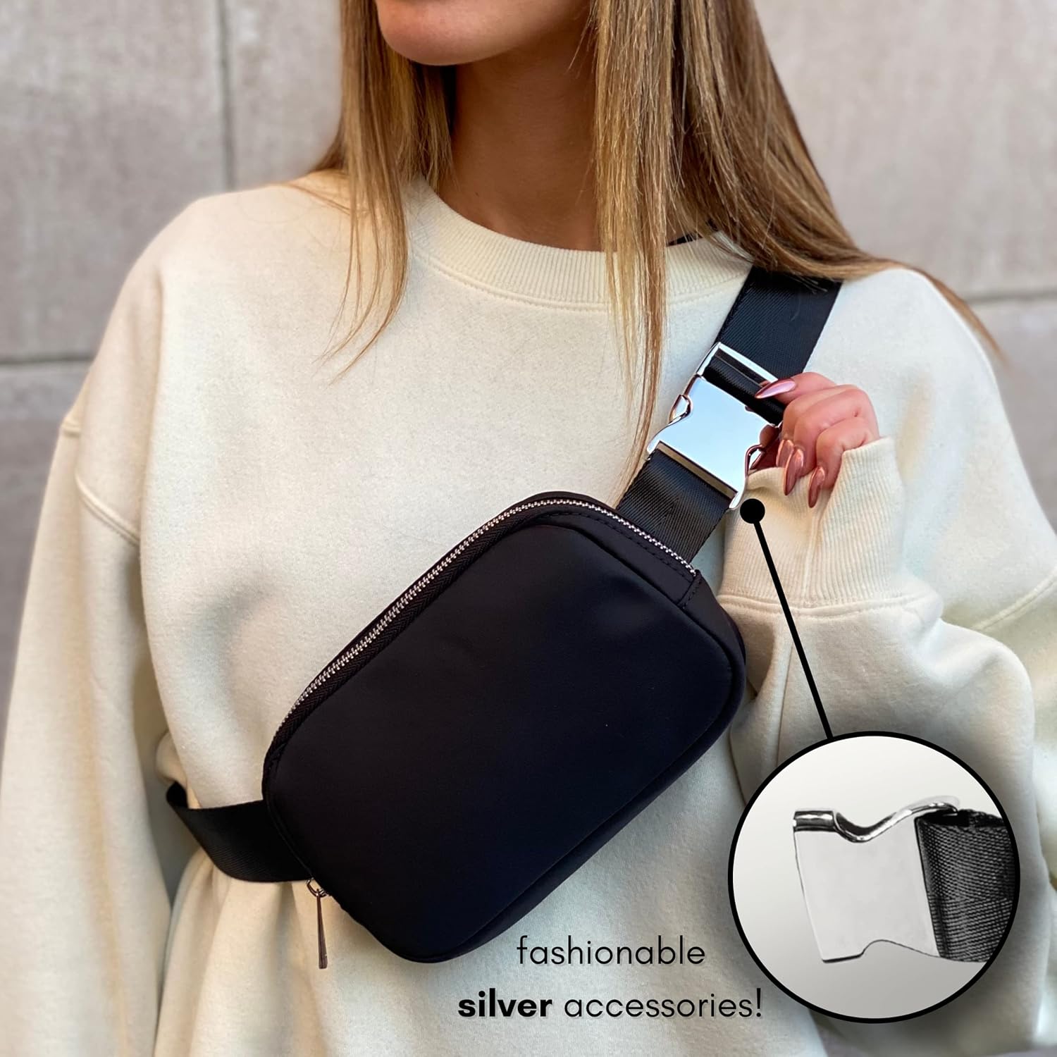 Boutique Belt Bag | Crossbody Fanny Pack for Women Fashionable | Cute Mini Everywhere Bum Hip Waist Pack | Fashion Travel Chest Bag | Silver Accessories | Adjustable Small Strap | Black - Image 2