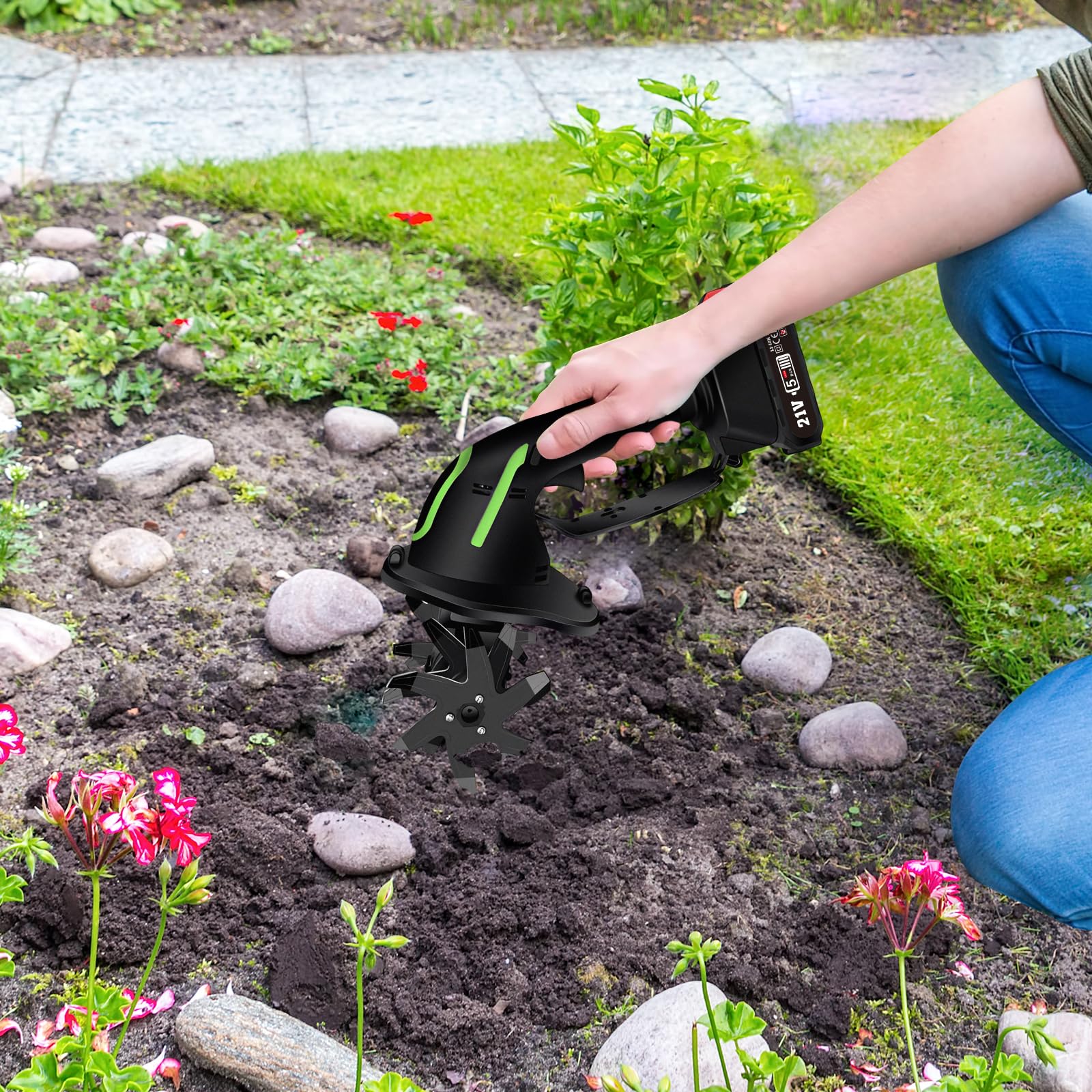Akku-Bodenhacke Elektrisch mit 2×2000mAh Akku, Mini Gartenfräse Akku, Elektro-Motorhacke, 235 U/min, 65Mn Stahlmesser, Perfekt für Blumenbeete & Gemüsegarten