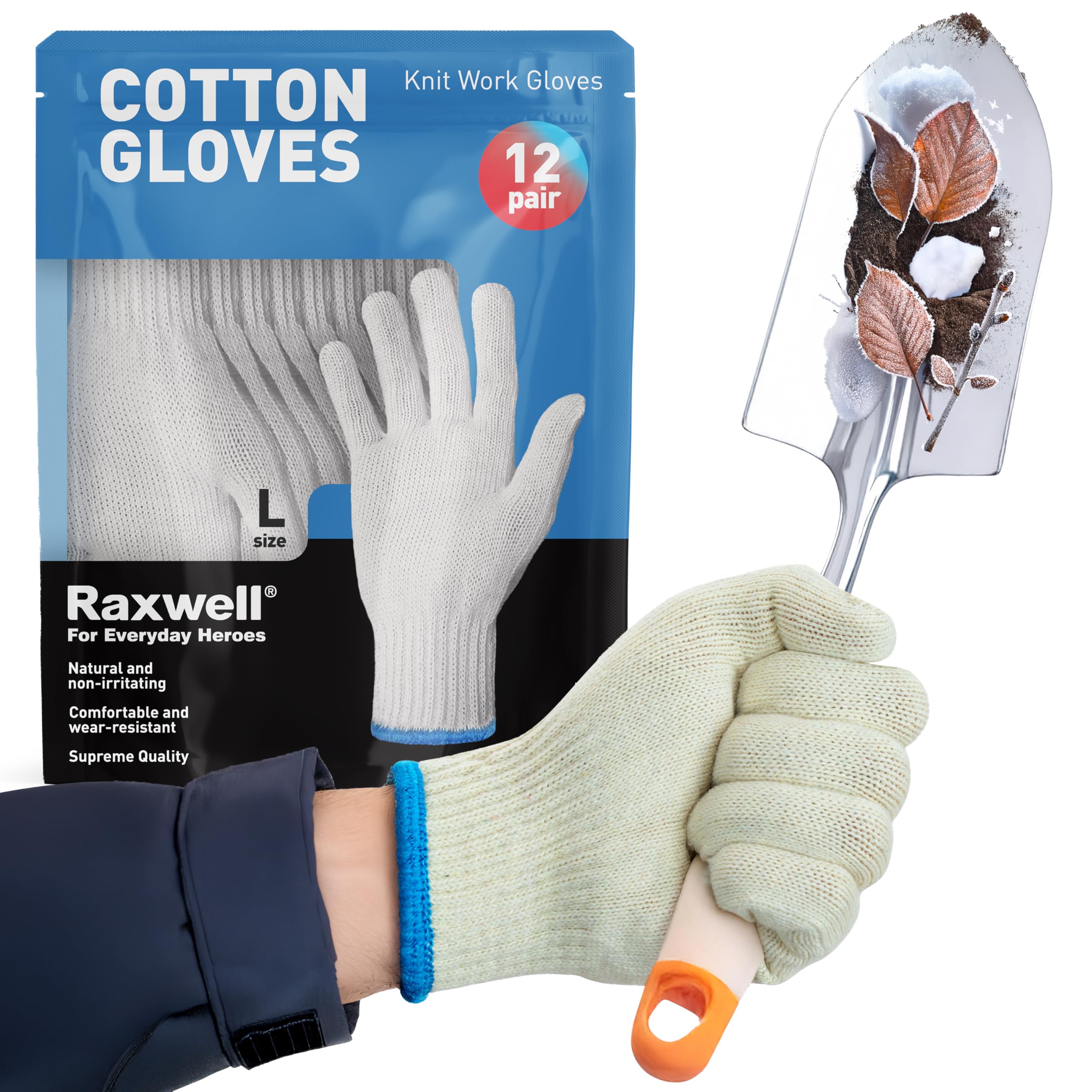 Raxwell Guantes de algodón blanco, guantes de trabajo de punto premium, 24 guantes, forros duraderos para barbacoa, pintura, jardinería, industrial y mecánica, color natural, talla L