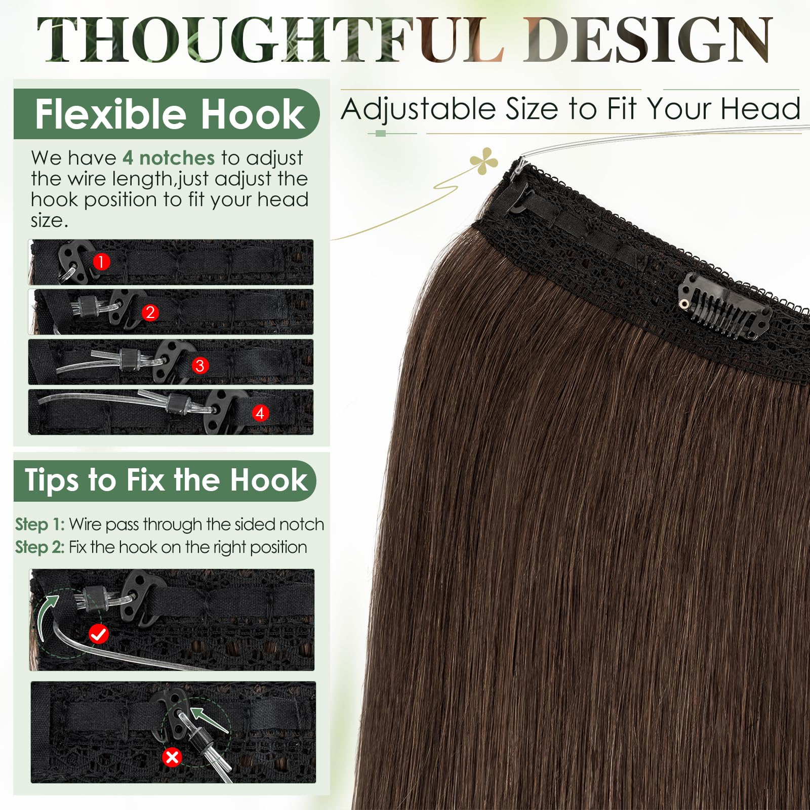 Elailite Secret Wire Hair Extensions Band Brown Invisible Wire Real Human Hair Extension Clip In One Piece Straight Thick - Image 4