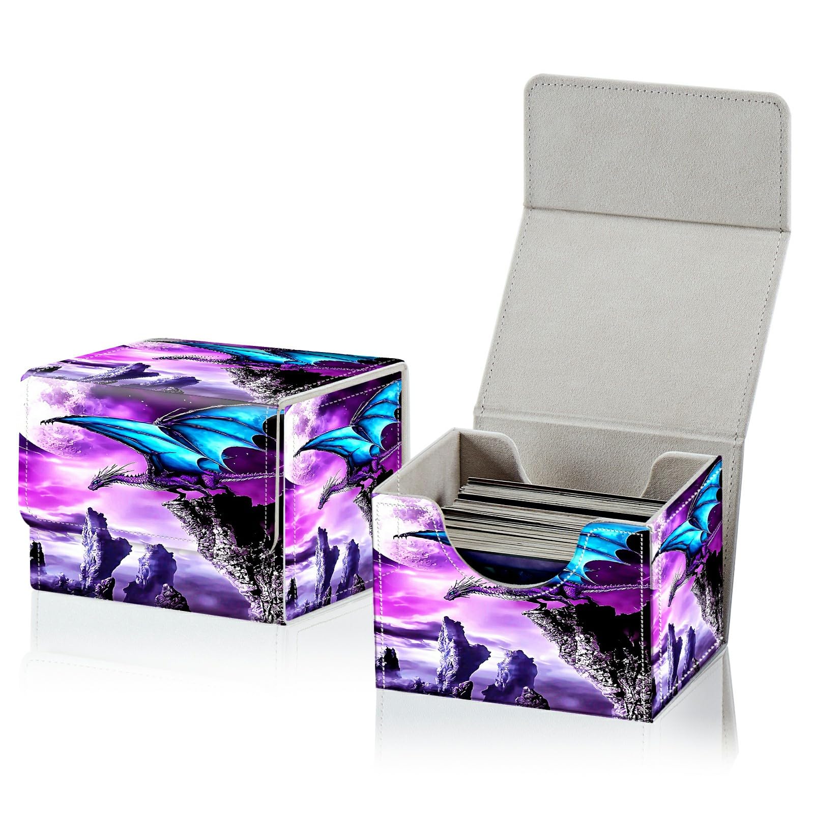 RWUTYTIUL Card Deck Box for MTG, Cards Storage Box Fits 120+ Sleeved, Leather Small Size Strong Magnetic Closing Card Case for Board Games Magic TCG CCG Baseball Collection, Purple Mountain Dragon