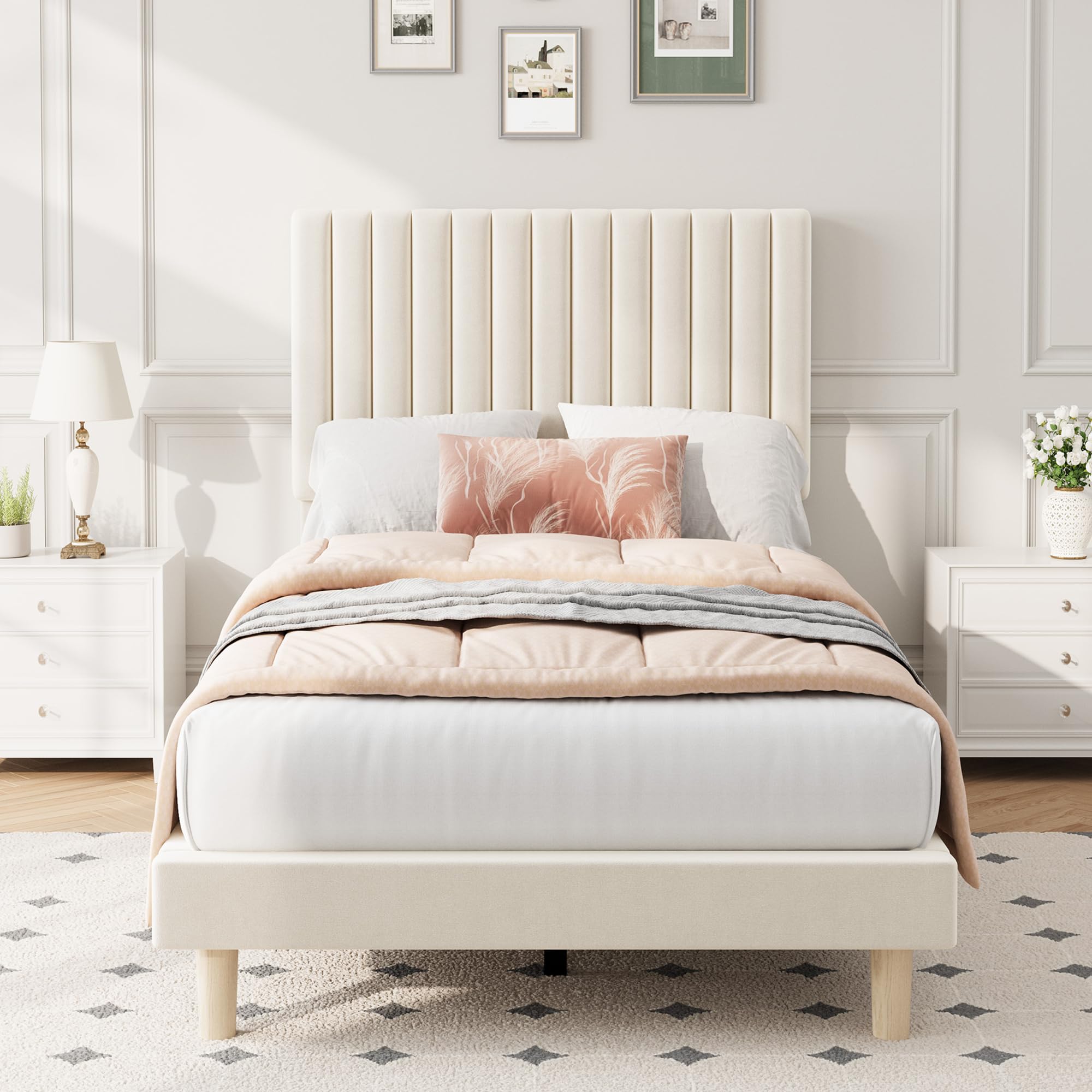 IDEALHOUSE Twin Bed Frame with Adjustable Headboard, Velvet Upholstered Platform Twin Size Bed Frame, Vertical Channel Tufted, Strong Wooden Slats, No Box Spring Needed, Easy Assembly, Beige