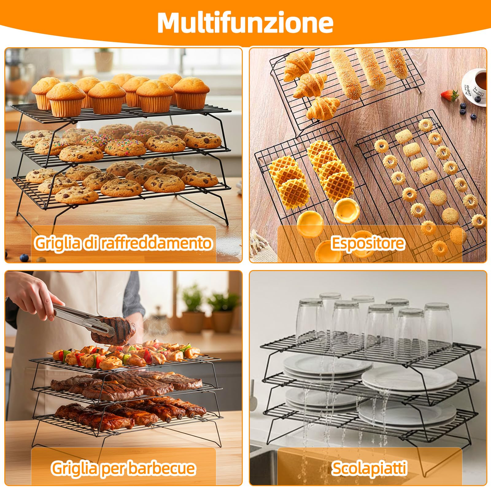 Griglia di Raffreddamento 3 Strati in Acciaio al Carbonio - Pieghevole e Impilabile, Antiaderente Salvaspazio, 40x25x7.5 cm, Nero - Adatto per Asciugare, Raffreddare la Torte, Biscotti e Pasticcini