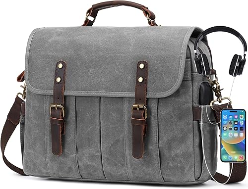 Miniatura 7 de NerIion Bolsa de mensajero para hombres de 15.6 pulgadas de lona vintage maletín de cuero genuino para hombres bolsa de computadora portátil bolsa