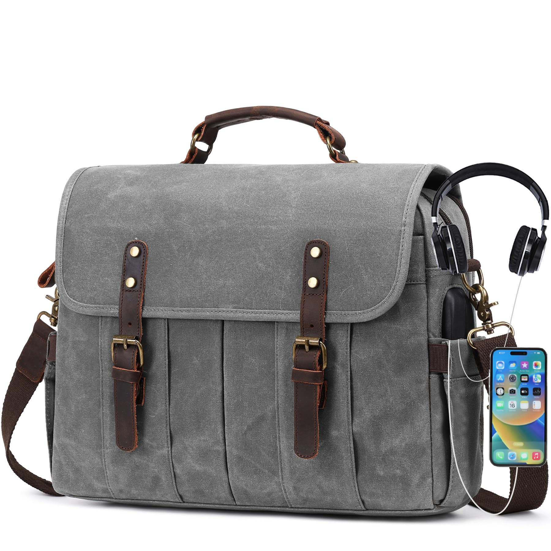 NerIion Messenger Bag for Men 15.6 Inch Vintage Canvas Genuine Leather Briefcase for Men Laptop Bag Satchel Shoulder Bag