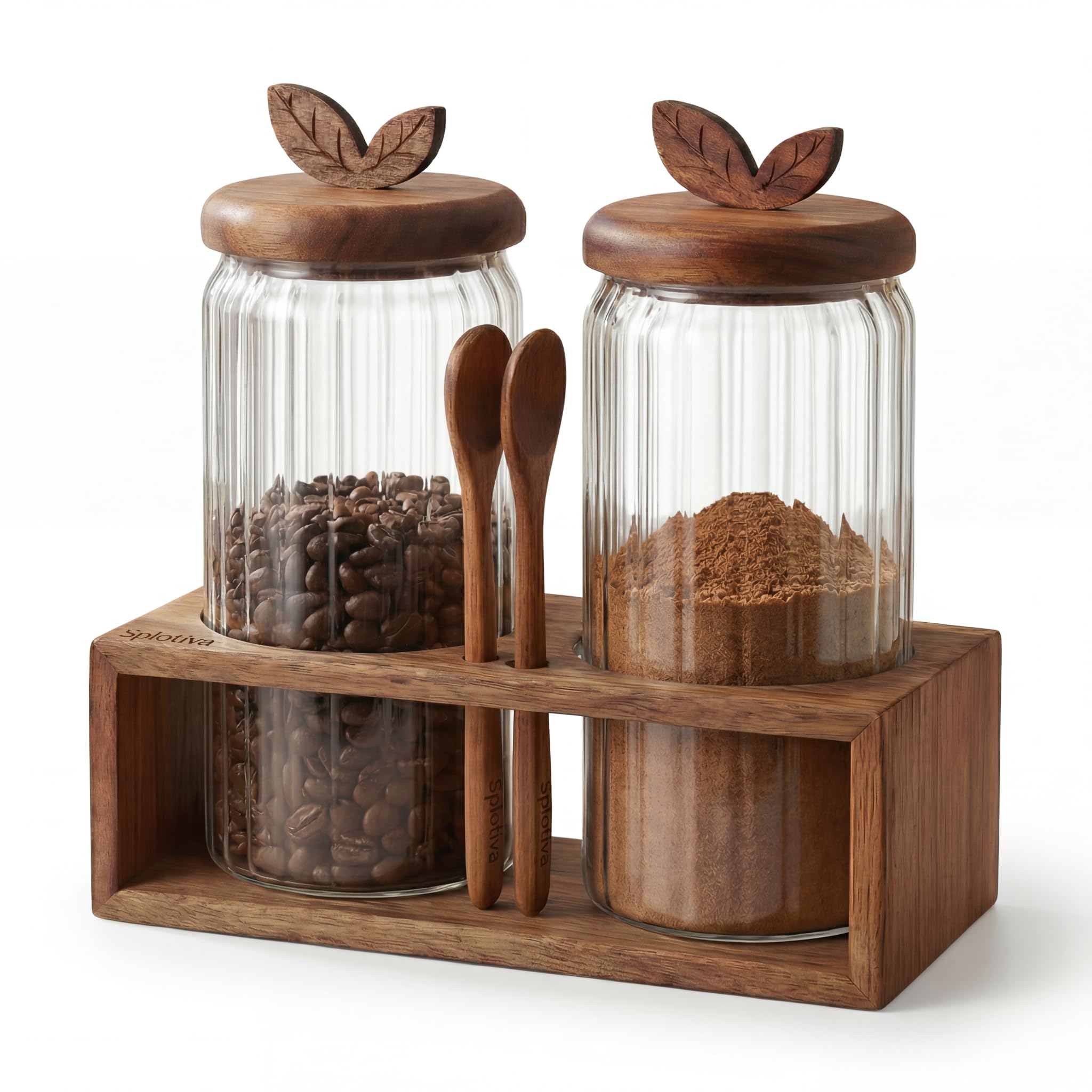 Photo 1 of ***one lid missing***Coffee Bar Glass Canister Set – 2 × 34 floz Airtight Glass Jars with Acacia Wood Lids, 2 Acacia Wood Spoons & Acacia Organizer Tray