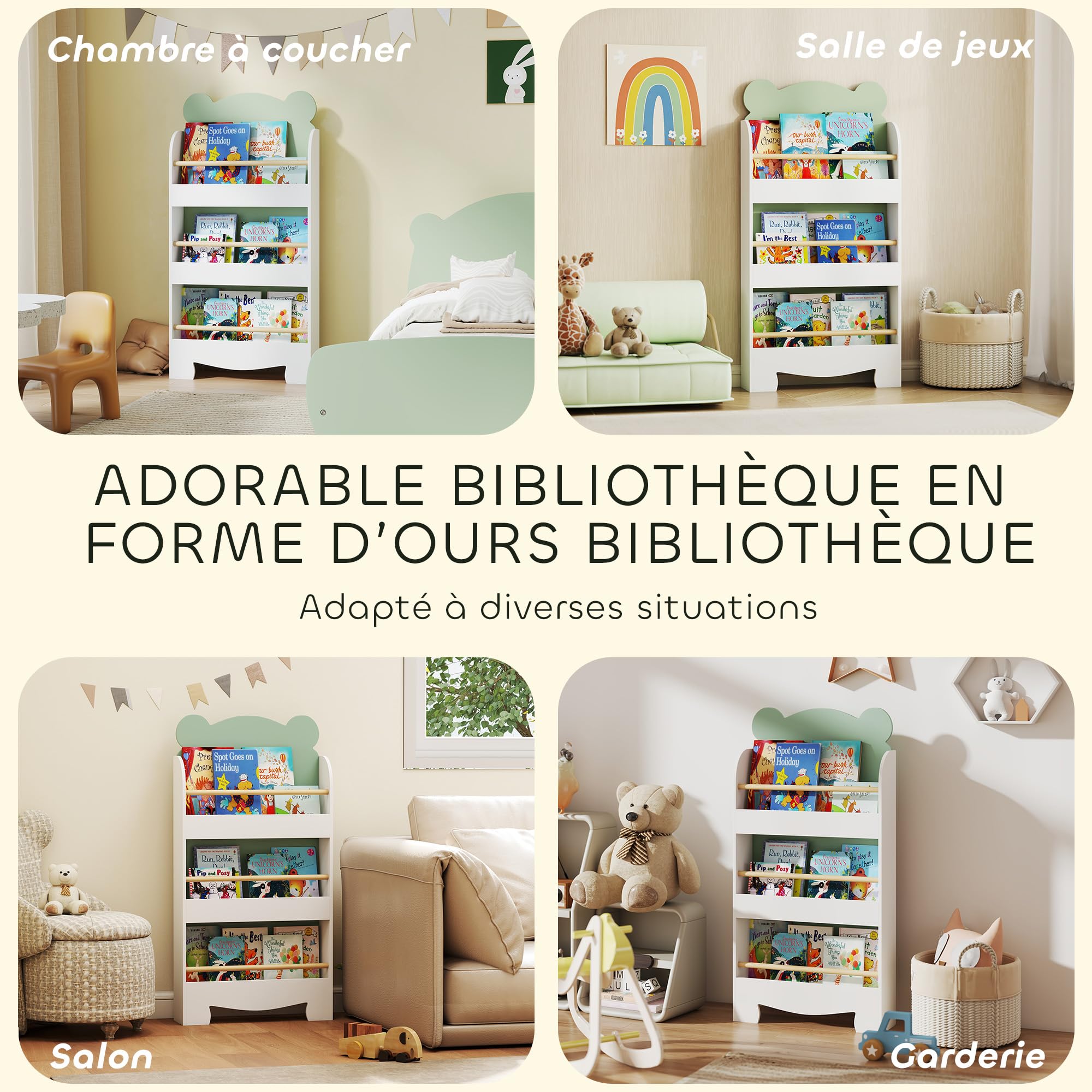 AIYAPLAY Bibliothèque pour Enfant, Rangement Livre Enfant 3 Niveaux, Meuble de Rangement en Forme d'ours, étagère Chambre pour Salle de Jeux, Vert