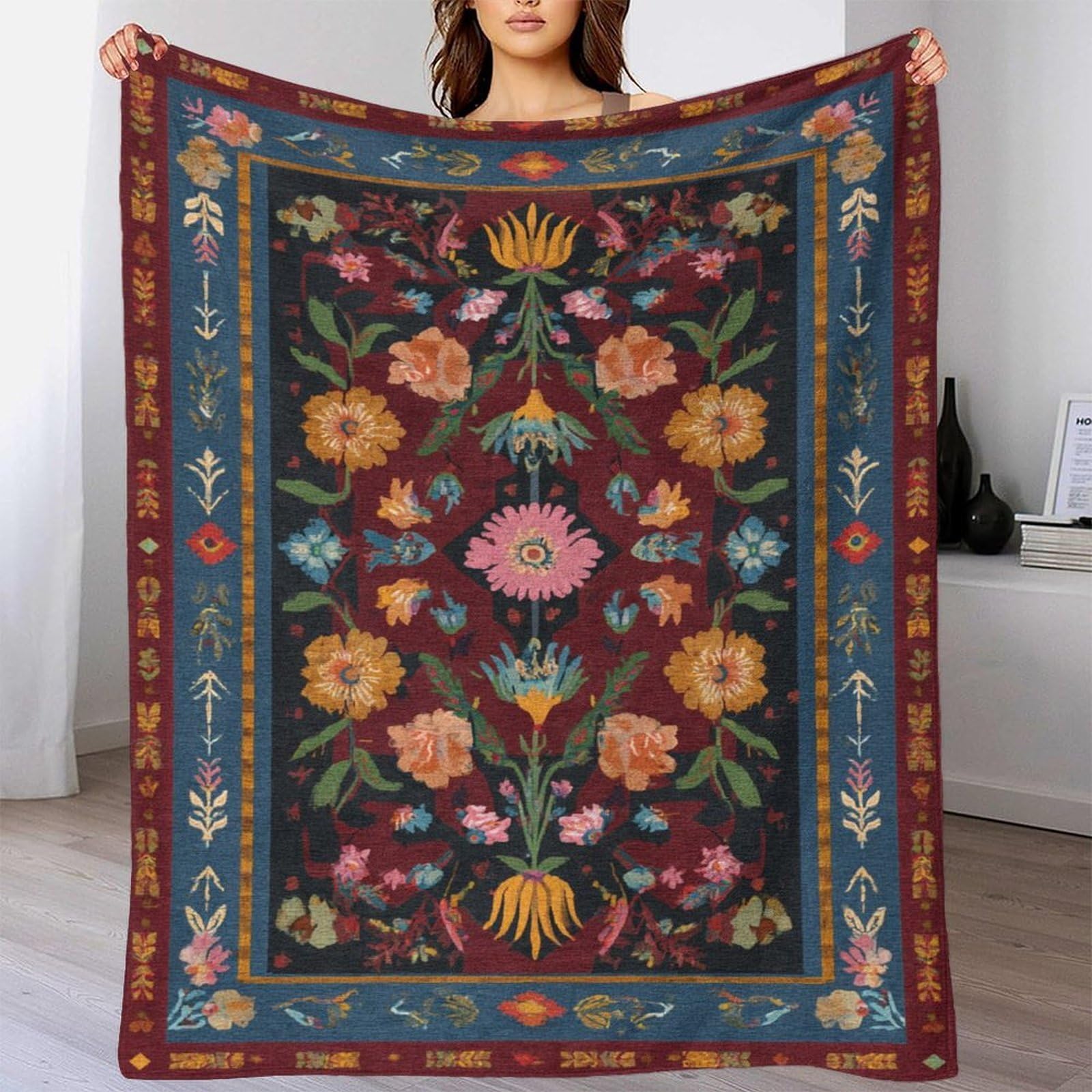 Arte popolare Manta Estampada 3D Floral And Geometricoo Shapes Colcha De Diseño Ropa De Cama De Microfibra Suave Y Cálida Sofá Ropa De Cama 80x90inch(200x230cm)