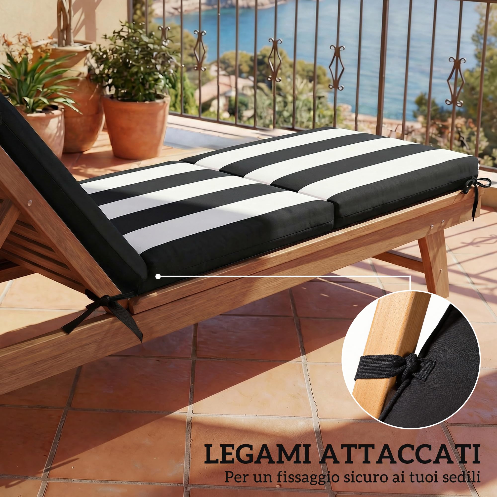 Outsunny Set 2 Cuscini per Sedie da Esterno con 6 Lacci di Fissaggio, Cuscini da Esterno Imbottito in Poliestere, per Sdraio Prendisole Giardino Patio, 183x53.5x6.5 cm, UV30+, Nero e Bianco
