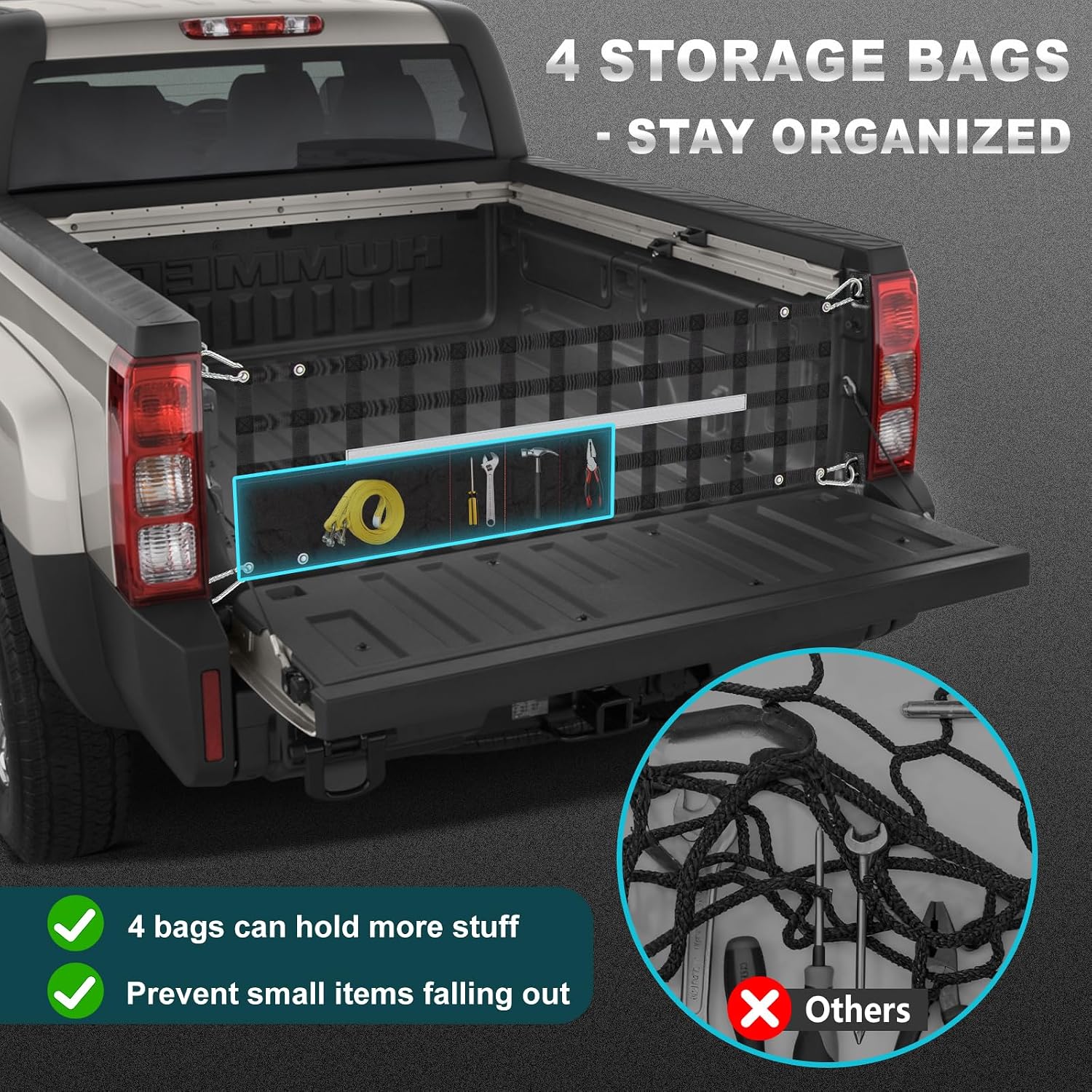 Upgraded 60" W X 18" T Tailgate Net for Pickup Truck Bed Storage with 4 Bags, Cargo Net for Pickup Truck Bed Divider with Reflective Strips, Heavy Duty Cargo Netting for Full Size Trucks 49”-82” Wide