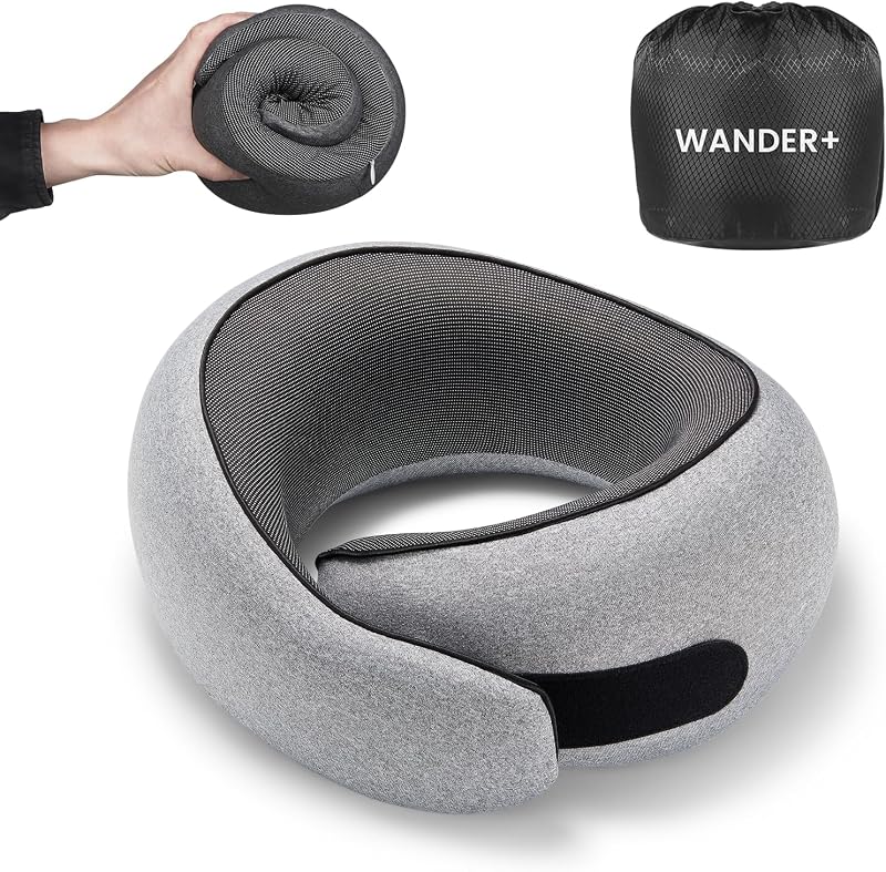 WANDER+ Plus Travel Neck Pillow, Pure Memory Foam Neck Pillow for Airplanes, Comfortable Breathable Cover, 360 Degree Support Ergonomic Design Best for Sleeping Plane Train Travel Essentials Max Grey