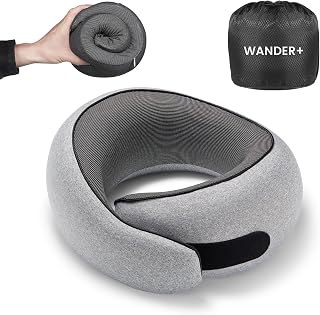 WANDER+® Travel Pillow, 100% Pure Memory Foam Travel Neck Pillow Airplane Neck Support Ergonomic Design Best for Sleeping Plane Car Train Office Flight for Adults Grey