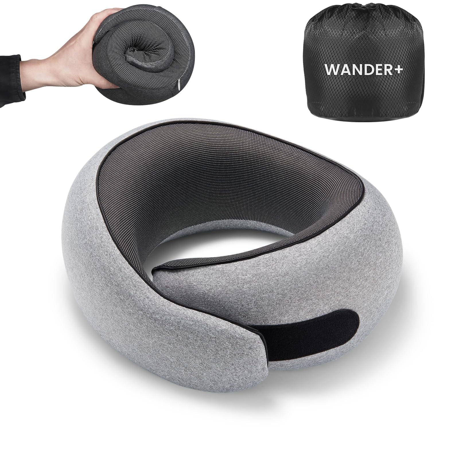 WANDER+® Travel Pillow, 100% Pure Memory Foam Travel Neck Pillow Airplane Neck Support Ergonomic Design Best for Sleeping Plane Car Train Office Flight for Adults Grey