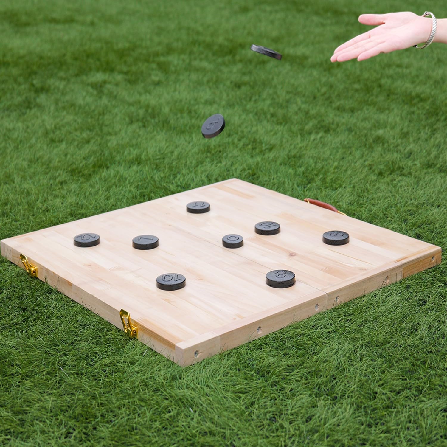 Lawn Outdoor Family Game Wooden Breton Palet Board Game Solid Wood Gaming Board Cornhole Board with 12 Metal Discs Palet Breton Game Set Backyard Games